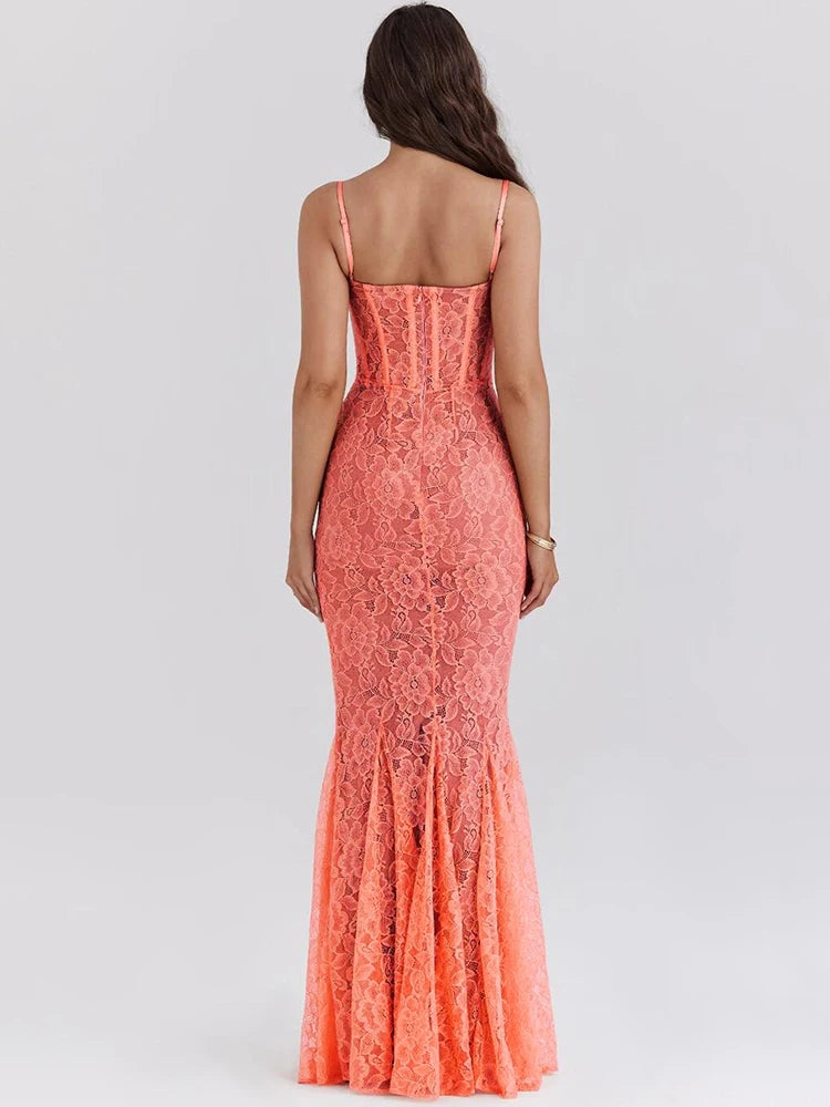 Lace Maxi Dress for Orange Spaghetti Strap Sleeveless Backless Bodycon Club Party Long Dress