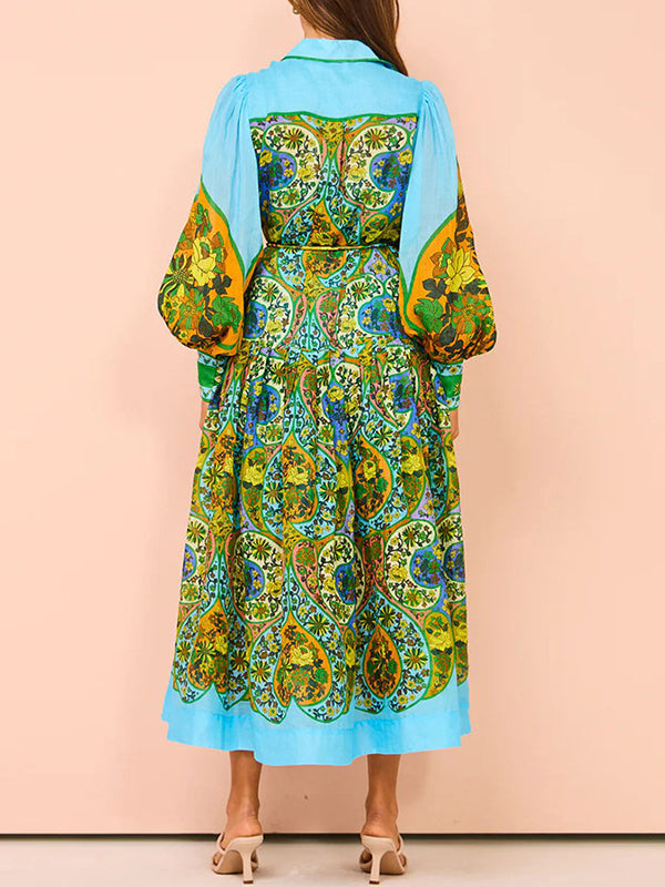 High Waisted Loose Puff Sleeves Belted Printed Lapel Midi Dresses