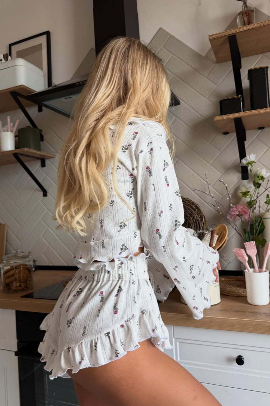 Short Cardigan Hollow Out Long Sleeve Shorts Loungewear Two Piece Set