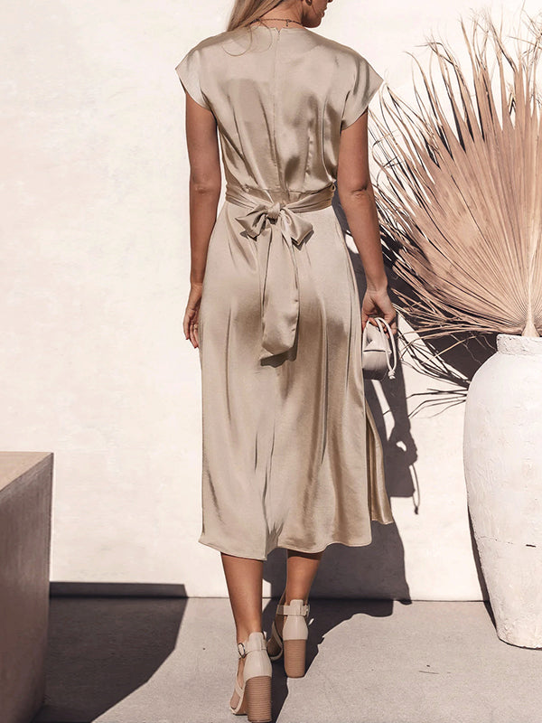 Loose Short Sleeves Color Split-joint Tied Waist Round-neck Midi Dresses