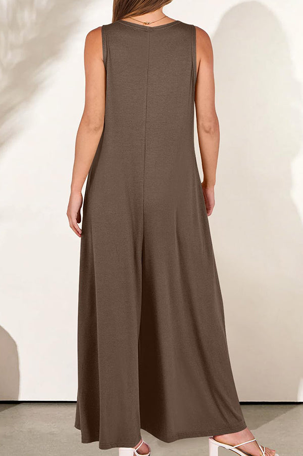 Color V-neck Sleeveless Loose Pocket Wide-leg Jumpsuit