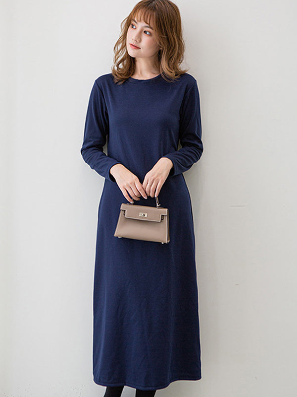 Simple Color Round-neck A-line Midi Dress
