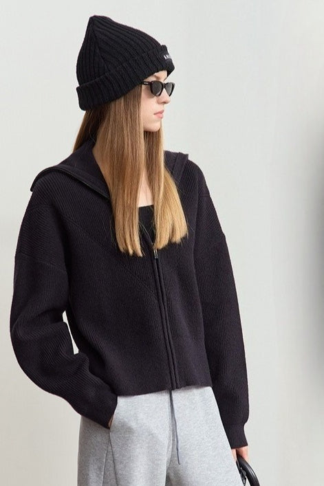 Naval-collar Zip Lazy-style Thick Knit Cardigan