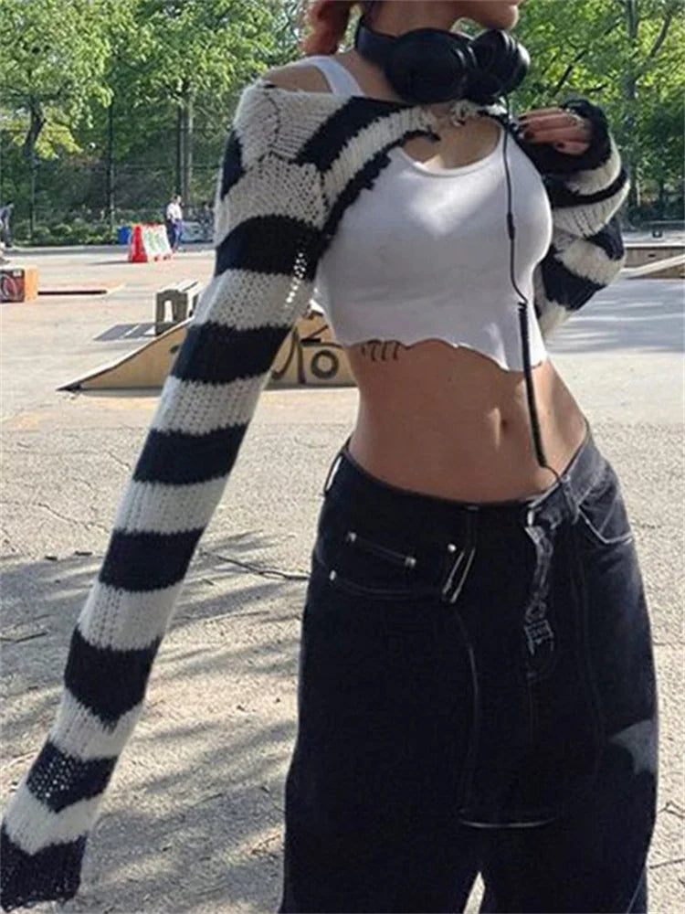 Knit Shrugs Tops for Black and White Striped Mini Cardigan Knitwear Long Sleeve Drop Shoulder Shrug Top Y2k E-