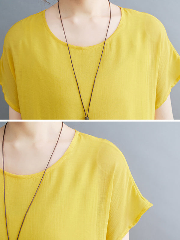 Loose Short Sleeves Color Split-joint Round-neck Midi Dresses