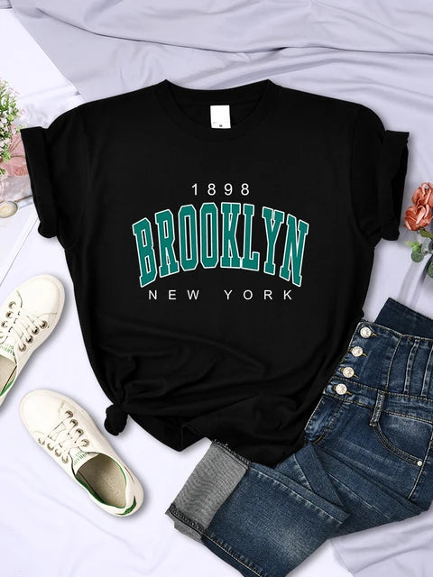 1898 Brooklyn New York Print Short Sleeve T-shirts All-math Crewneck Breathable Female Clothing