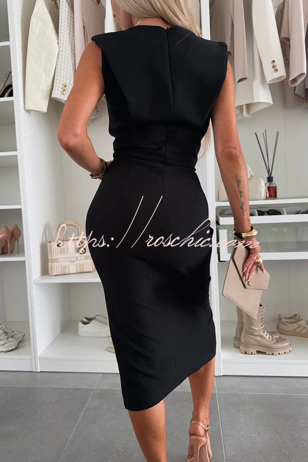 Charming Lady Color Round Neck Sleeveless Waisted Slit Stretch Midi Dress