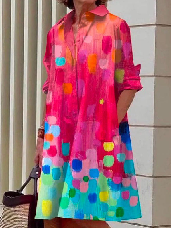 Long Sleeves Color-block Printed Lapel Midi Dresses