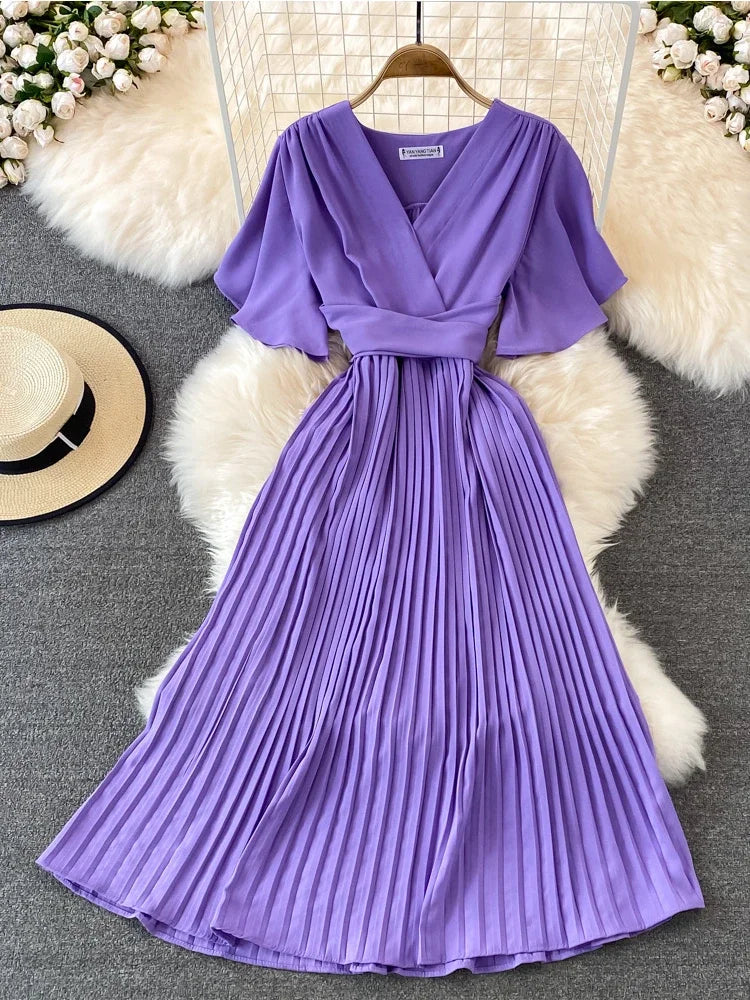 Pleated Dress Summer Short Sleeve V-neck Dresses a Line High Waisted Midi Dress
