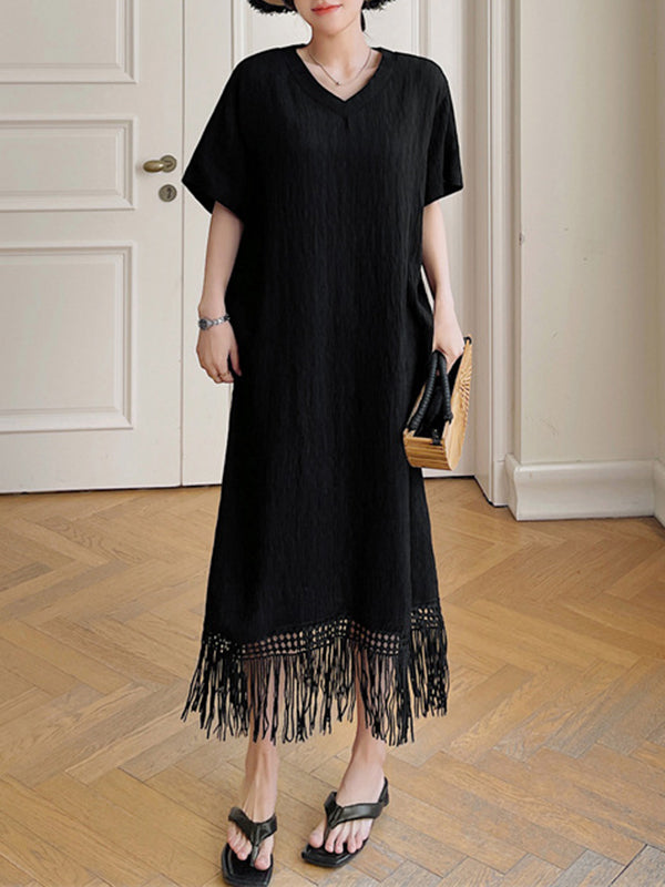 Loose Short Sleeves Color Split-joint Tasseled V-neck Midi Dresses