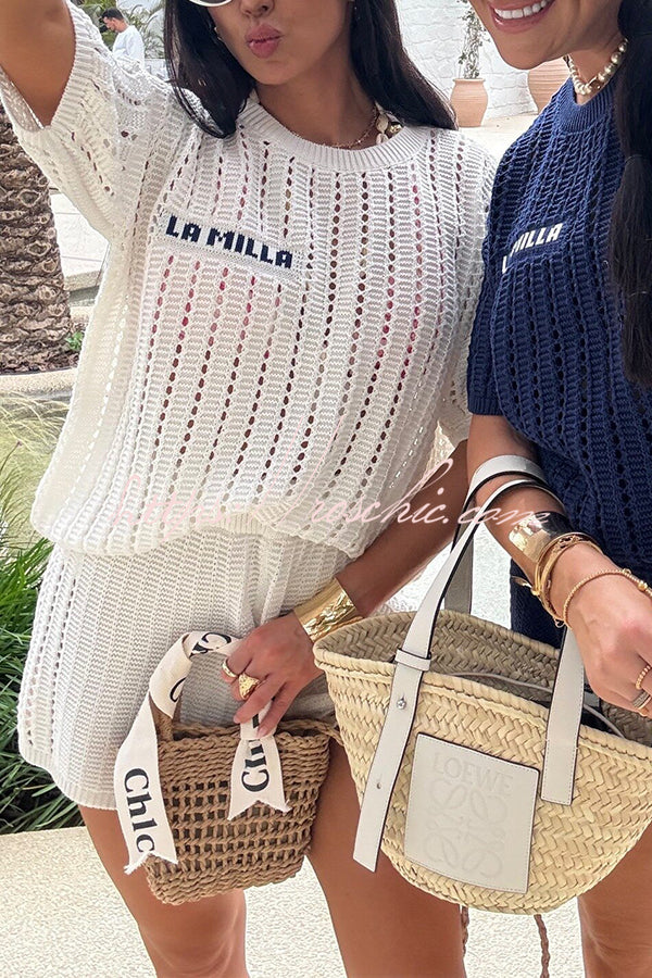 Fashionable Hollow Knit Short-sleeved Top and Elastic High-waist Shorts Set