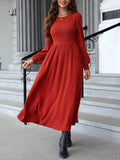 A-line Long Sleeves Color Split-joint Round-neck Midi Dresses
