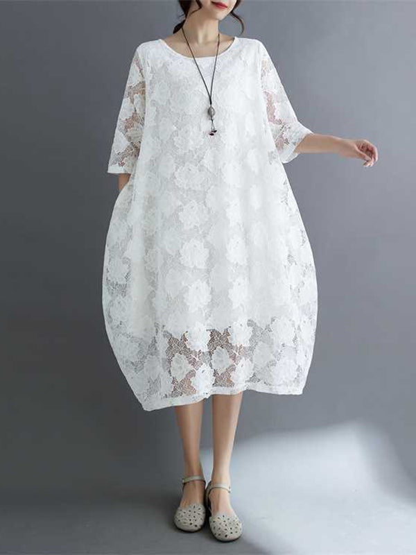 Half Sleeves Loose Hollow Color Round-neck Midi Dresses