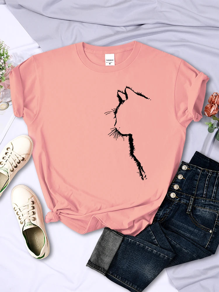 Simple Strokes of Cat Funny Printed T-shirt Short Sleeve O-neck Personality Street Tee Clothing Summer Tops