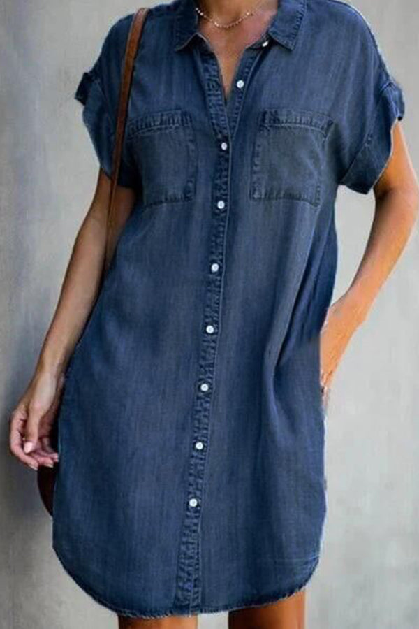 Short Sleeve Slim Denim Midi Dress