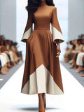 A-line Long Sleeves Contrast Color Pleated Pockets Split-joint High Neck Midi Dresses