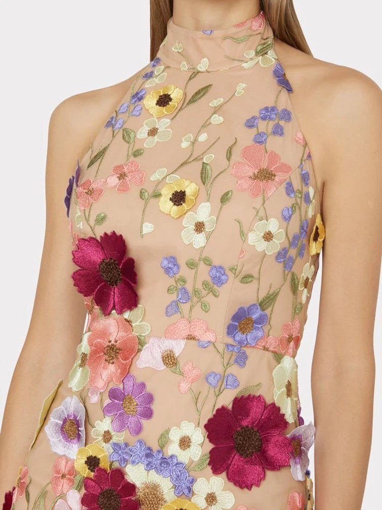 Embroidery 3d Flower Bodycon Dress for Summer Sleeveless Backless Mini Dresses Temperament Slim Vestidos De Mujer