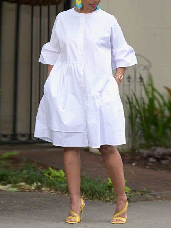Loose Three-quarter Sleeves Asymmetric Buttoned Pleated Pockets Color Split-joint Round-neck Midi Dresses