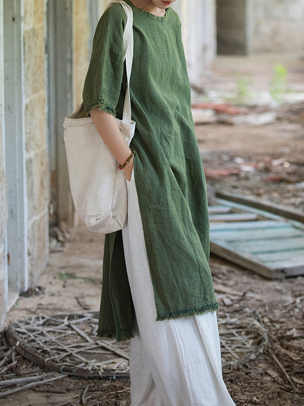 Half Sleeves High-low Fringed Color Split-joint Split-side Round-neck Midi Dresses