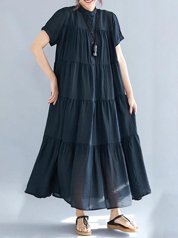 Loose Split-joint Pleated Short Sleeves Round-neck Midi Dress