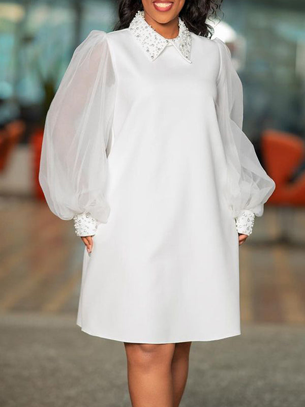 Puff Sleeves Beads Mesh Color Split-joint Round-neck Midi Dresses