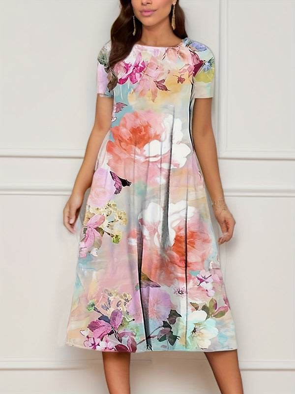 A-line Loose Flower Print Pockets Round-neck Midi Dresses