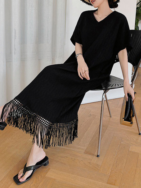 Loose Short Sleeves Color Split-joint Tasseled V-neck Midi Dresses