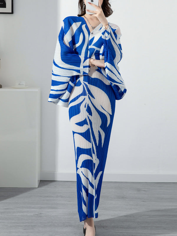 Original Batwing Sleeves Long Sleeves Contrast Color Printed Pleated V-neck Midi Dresses