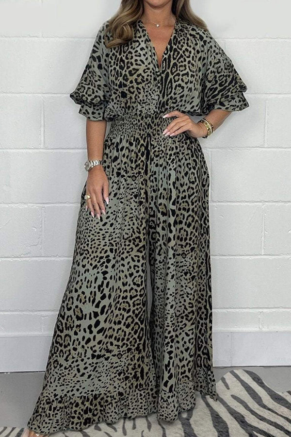 Leopard Print V-neck Short-sleeved Waist Wide-leg Jumpsuit