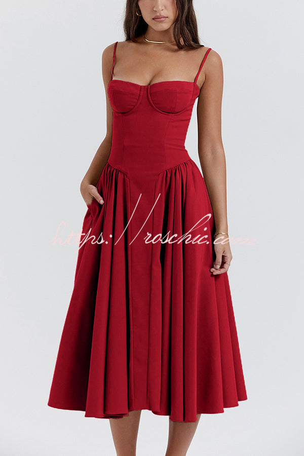 Color Slim Fit Suspender Pocket Midi Dress