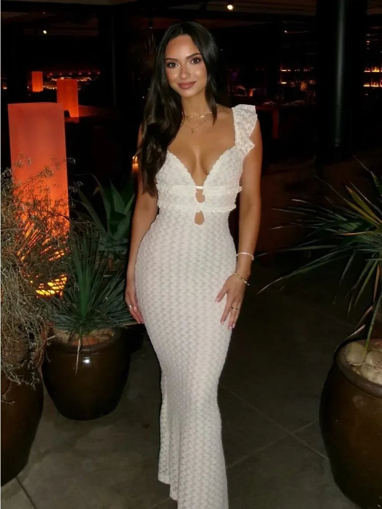 Knit V-neck Maxi Dress ’s Slim High Waist See-through Patchwork Bandage Backless Dress Female Knitwear Dress
