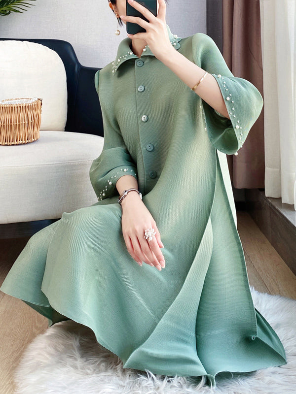 Loose Three-quarter Sleeves Beaded Pleated Lapel Midi Dresses