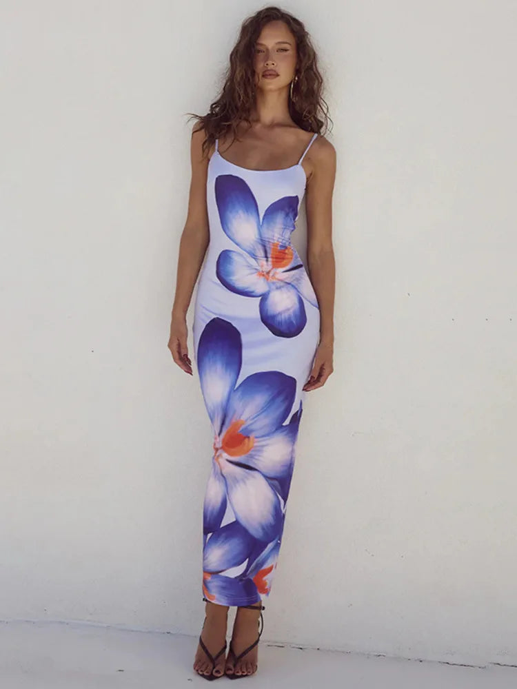 Floreal Print Long Dress for Gown Summer New Spaghetti Strap Sleeveless Backless Bodycon Midi Dress