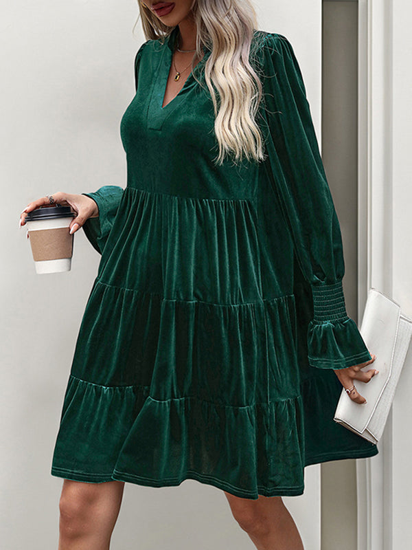 A-line Long Sleeves Pleated Color Velvet V-neck Mini Dresses