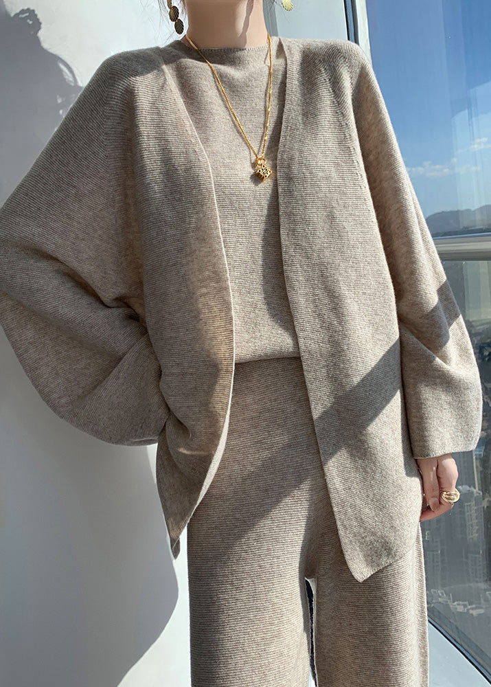 Natural Light Camel V Neck Woolen Cardigan Waistcoat and Wide Leg Pants Three Piece Set Fall Wv030