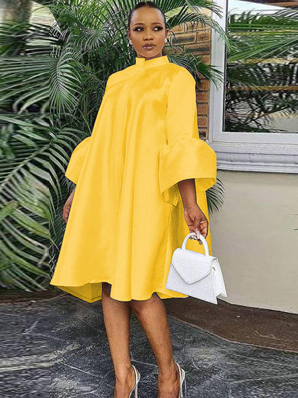 Urban Buttoned Color Stand Collar Flared Sleeve Loose Midi Dress