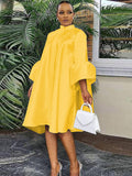 Urban Buttoned Color Stand Collar Flared Sleeve Loose Midi Dress