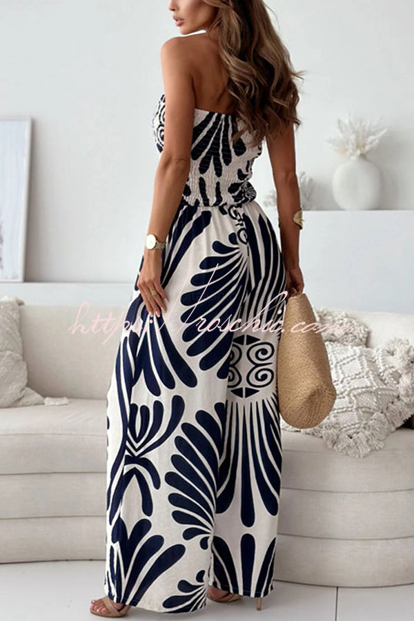 Unique Printed Off-shoulder Pleated Wide-leg Jumpsuit