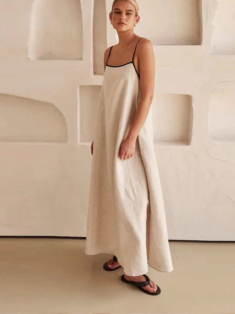Cotton Linen Sling Dress Summer Backless Sleeveless Slip Long Dresses Lady Loose Maxi Dress