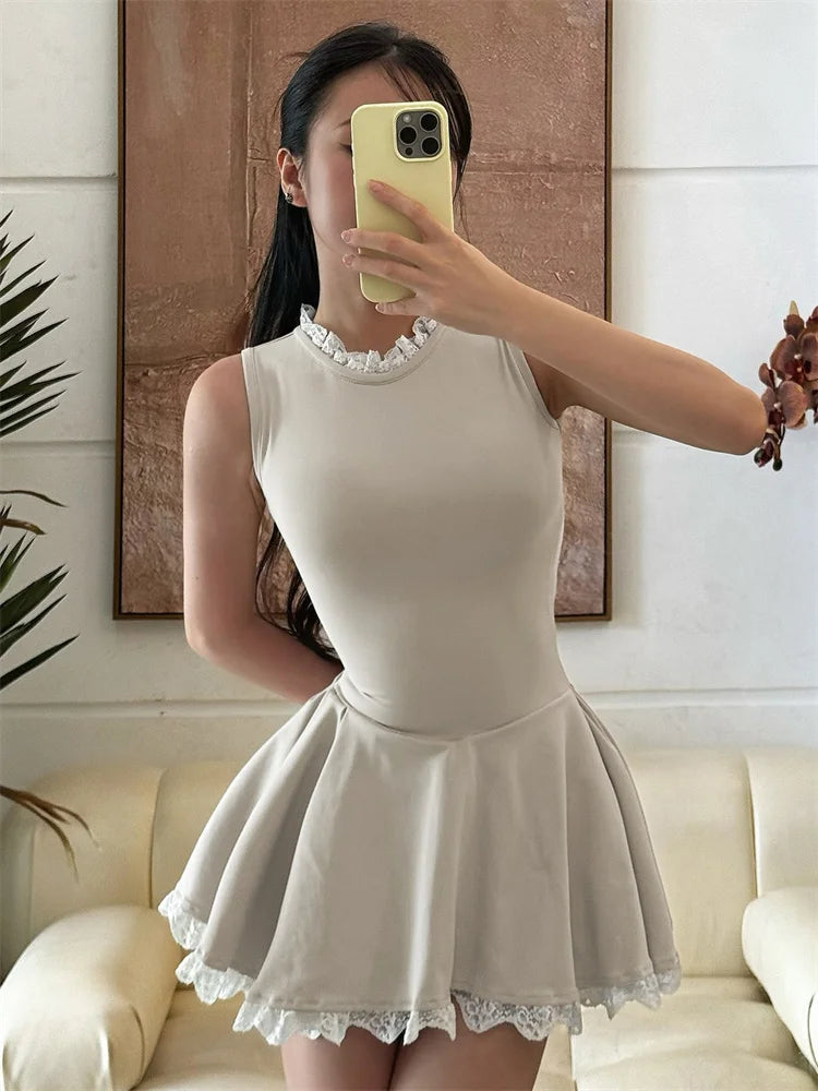 Autumn Lace Patchwork Mini Dress for Ruffled Sleeveless Slim Party Dress Gown Female High Waist Dress