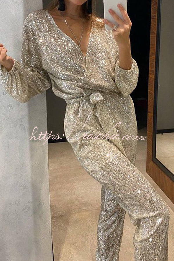 Cheers to You Sequin Long Sleeve Belted Wrap Loose Jumpsuit