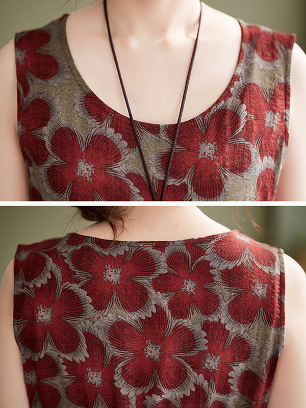 Loose Oversize Drawstring Printed Round-neck Midi Dresses