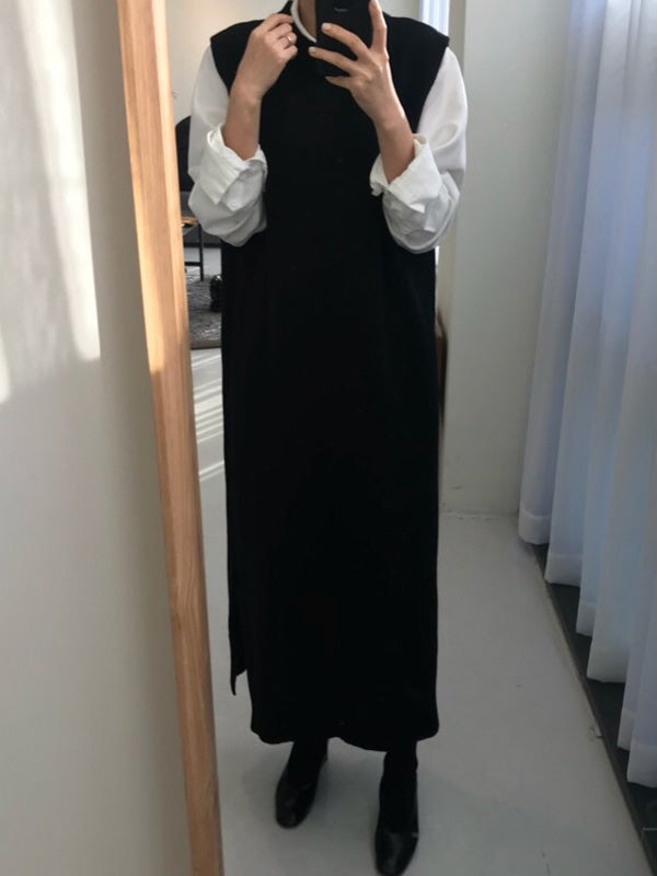 Urban Loose Sleeveless Color Round-neck Midi Dresses Sweater Dresses