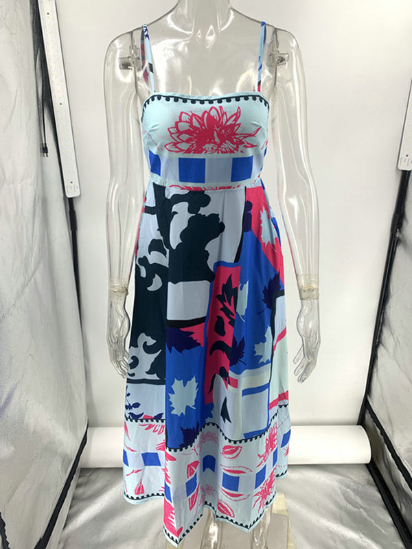 High Waisted Sleeveless Pleated Printed Split-joint Collarless Midi Dresses Slip Dress