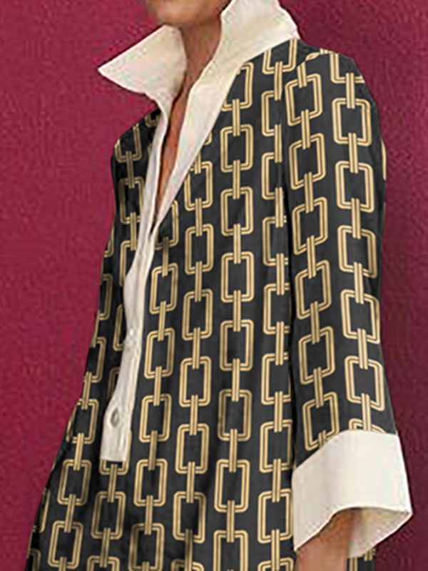 Long Sleeves Loose Printed Split-joint Lapel Mini Dresses Shirt Dress