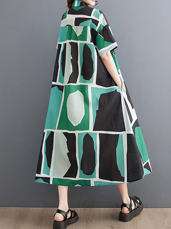 Loose Oversize Color-block Printed Lapel Midi Dresses Shirt Dress