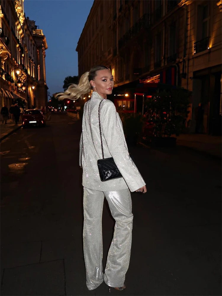 Sliver Sparkly Oversized Blazer Sets for Suit Glitter Coat and Pants Sets Blazer Femme Mujer Party
