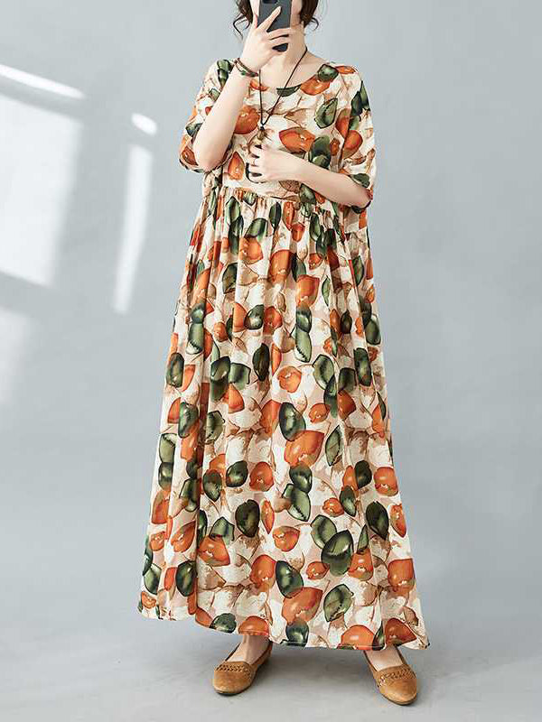 Half Sleeves Loose Pleated Printed Split-joint Round-neck Midi Dresses
