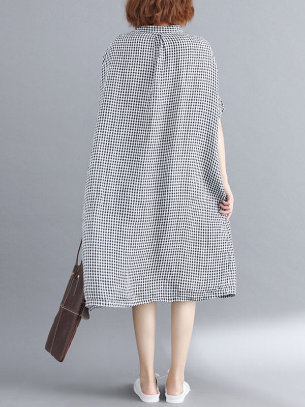 Artistic Retro Loose Split-joint Plaid Buttoned Stand Collar Half Sleeves Midi Dress