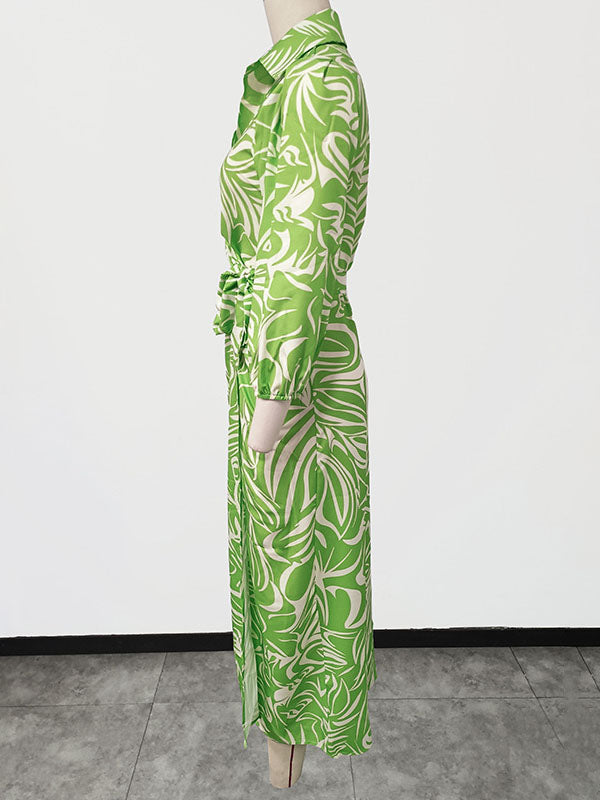 A-line High Waisted Elasticity Printed Tied Waist Lapel Midi Dresses Shirt Dress